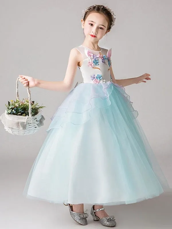 Sleeveless Flowers Kids Party Dresses with 3D Floral Organza Little Girl Dress