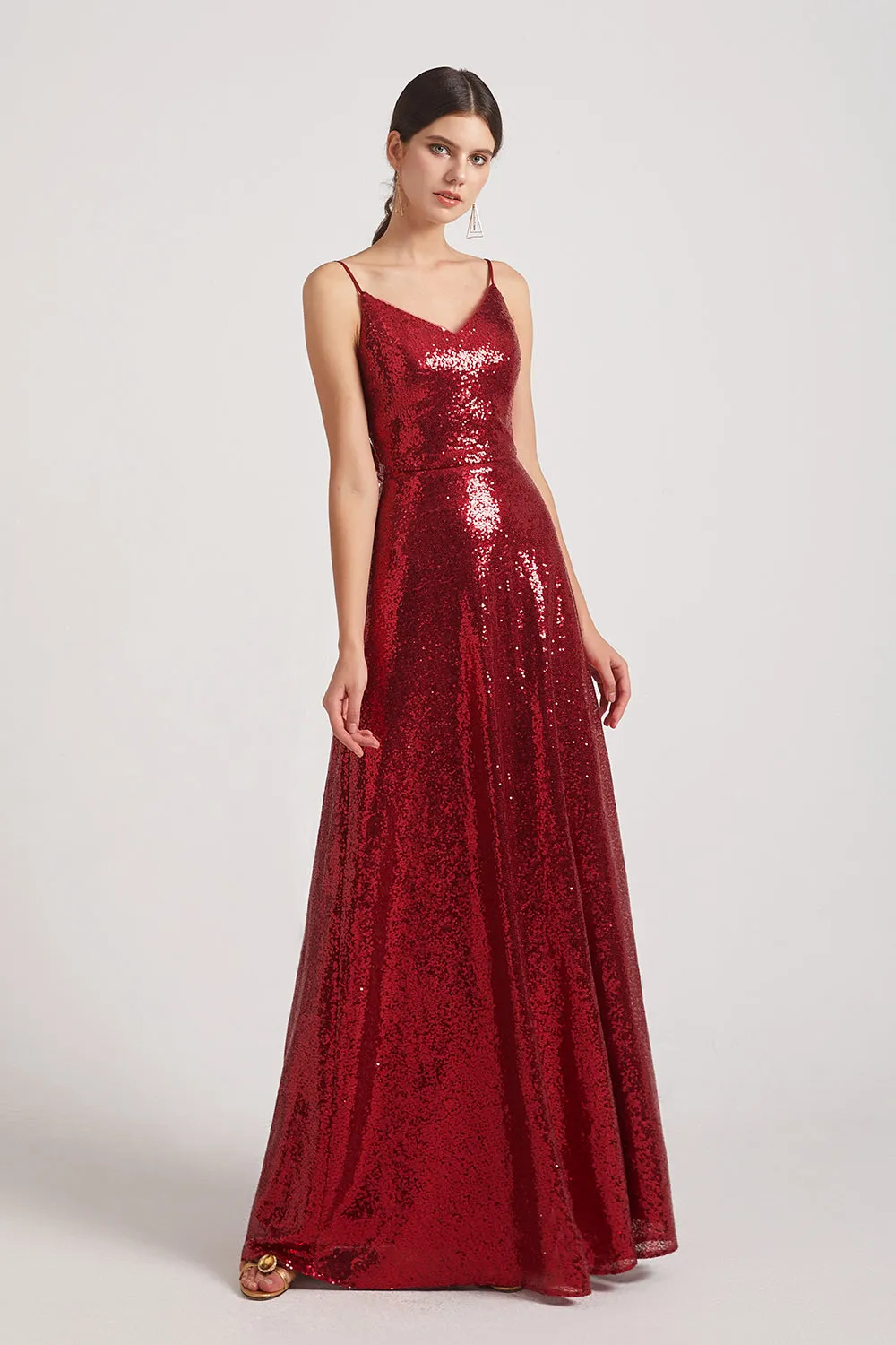 Slender Straps V-Neck Draped Back Long Sequin Dresses (AF0100)