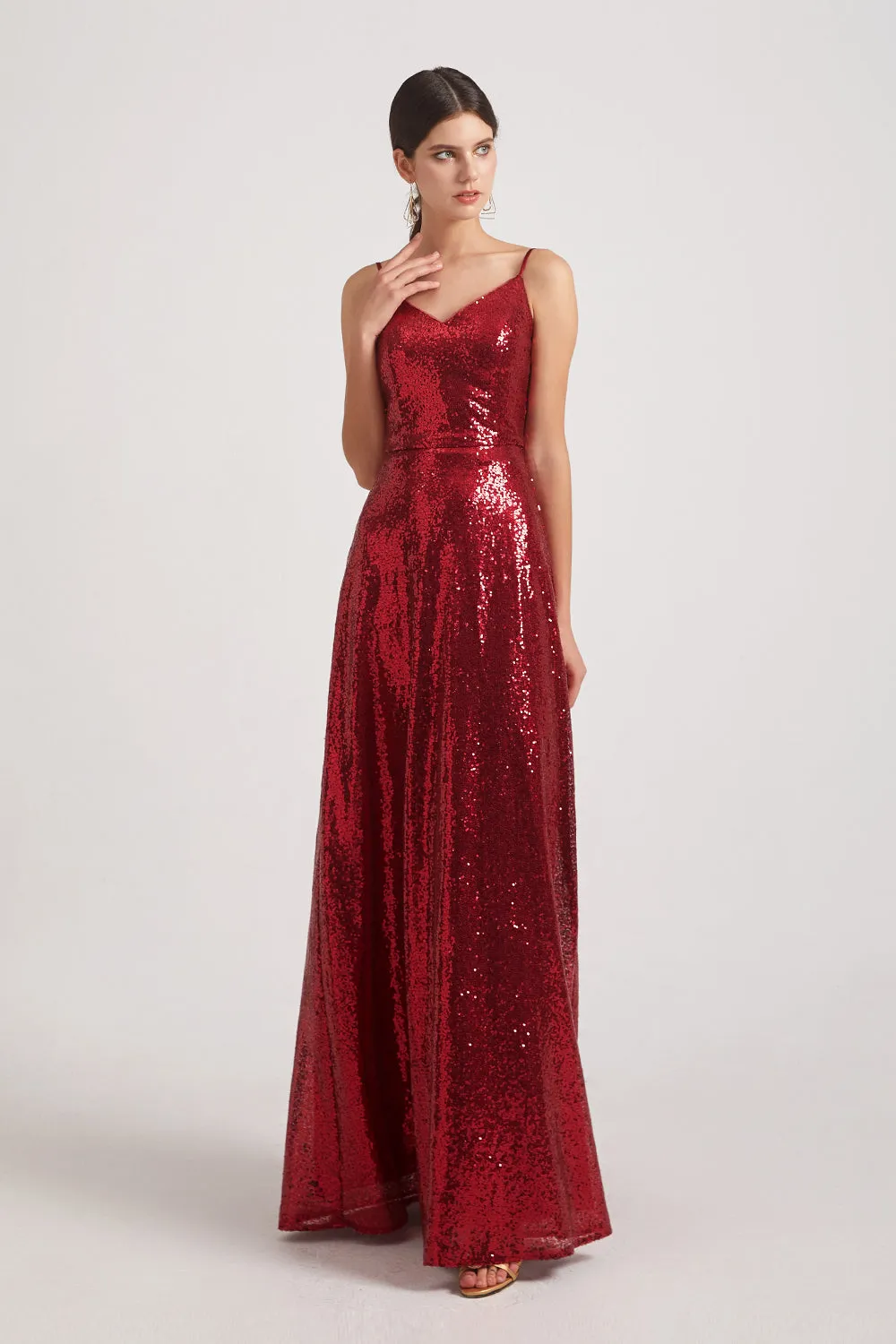 Slender Straps V-Neck Draped Back Long Sequin Dresses (AF0100)