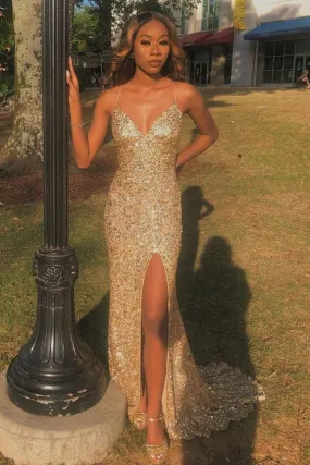 Spaghetti Straps Gold Mermaid Sequin Sheath Long Prom Dresses With Side Slit