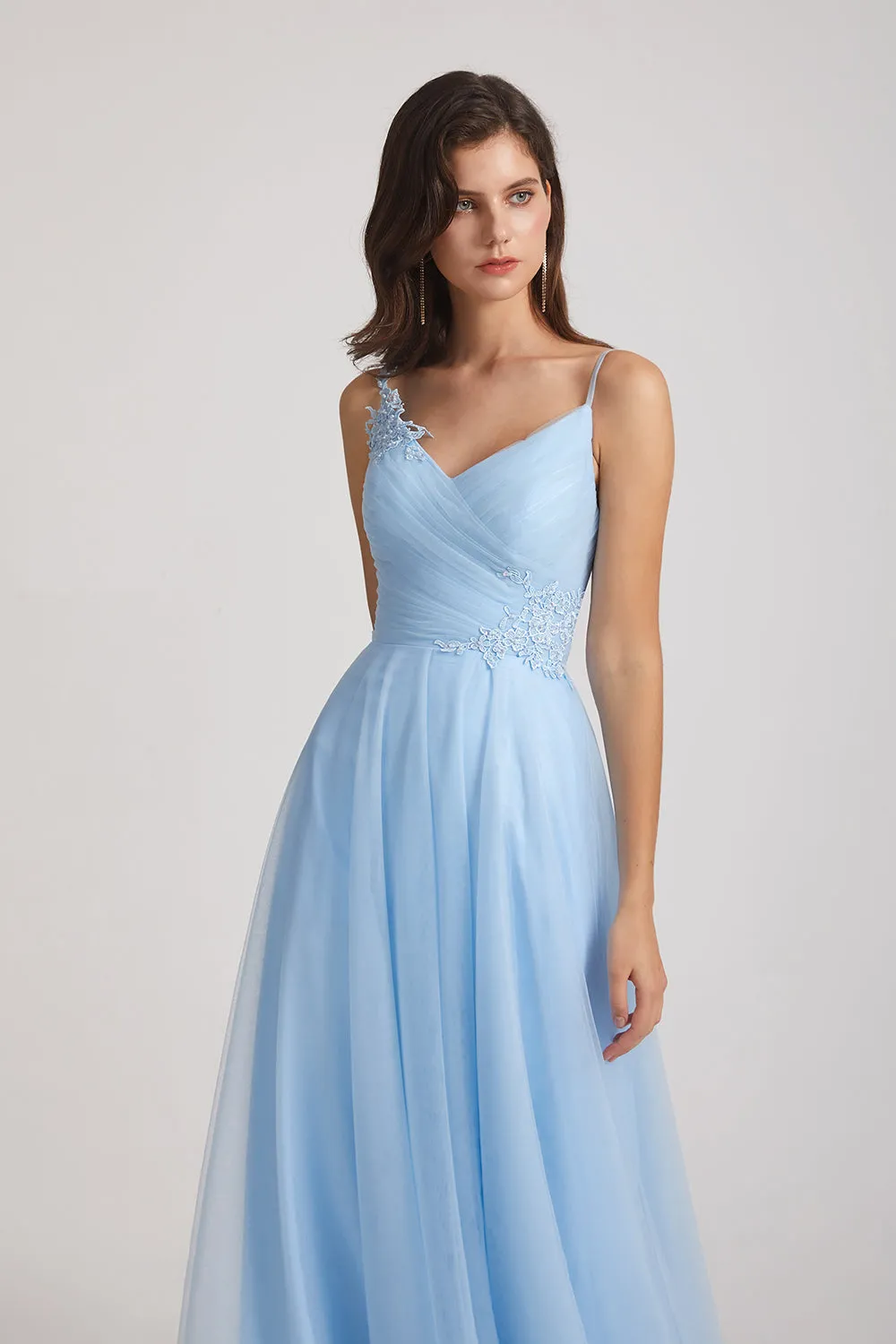 Spaghetti Straps V-Neck Pleated Long Tulle Bridesmaid Dresses (AF0107)