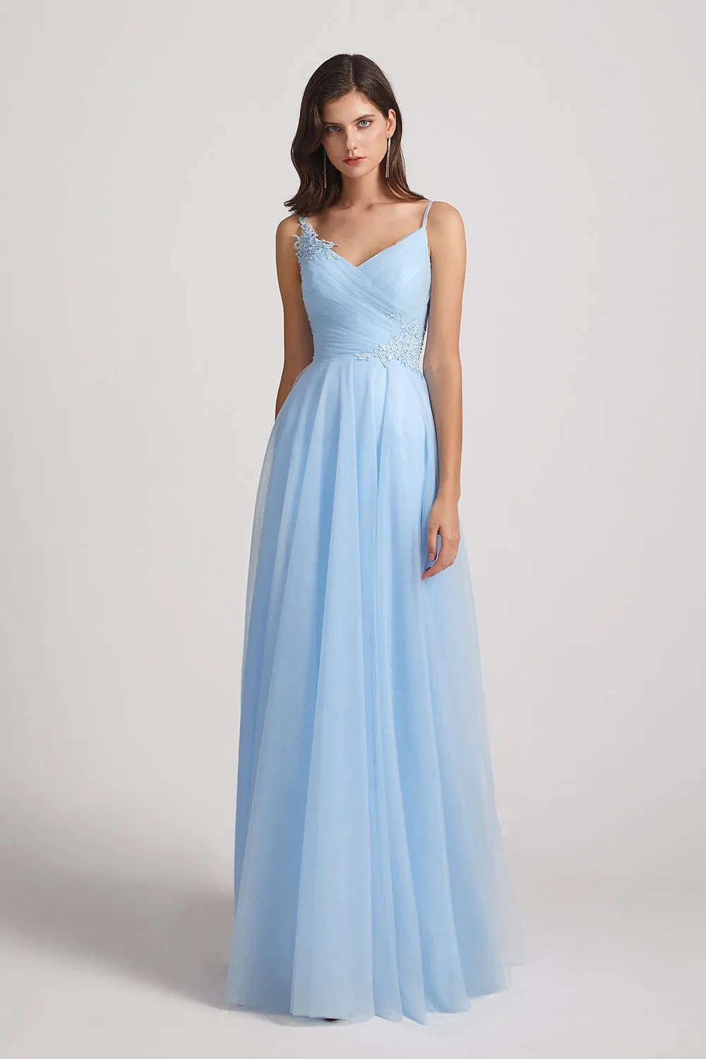 Spaghetti Straps V-Neck Pleated Long Tulle Bridesmaid Dresses (AF0107)