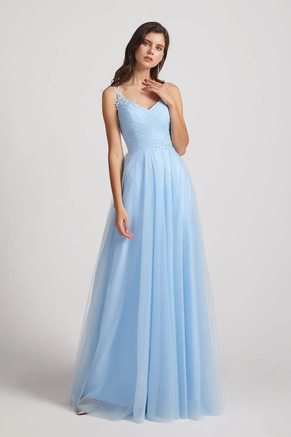 Spaghetti Straps V-Neck Pleated Long Tulle Bridesmaid Dresses (AF0107)