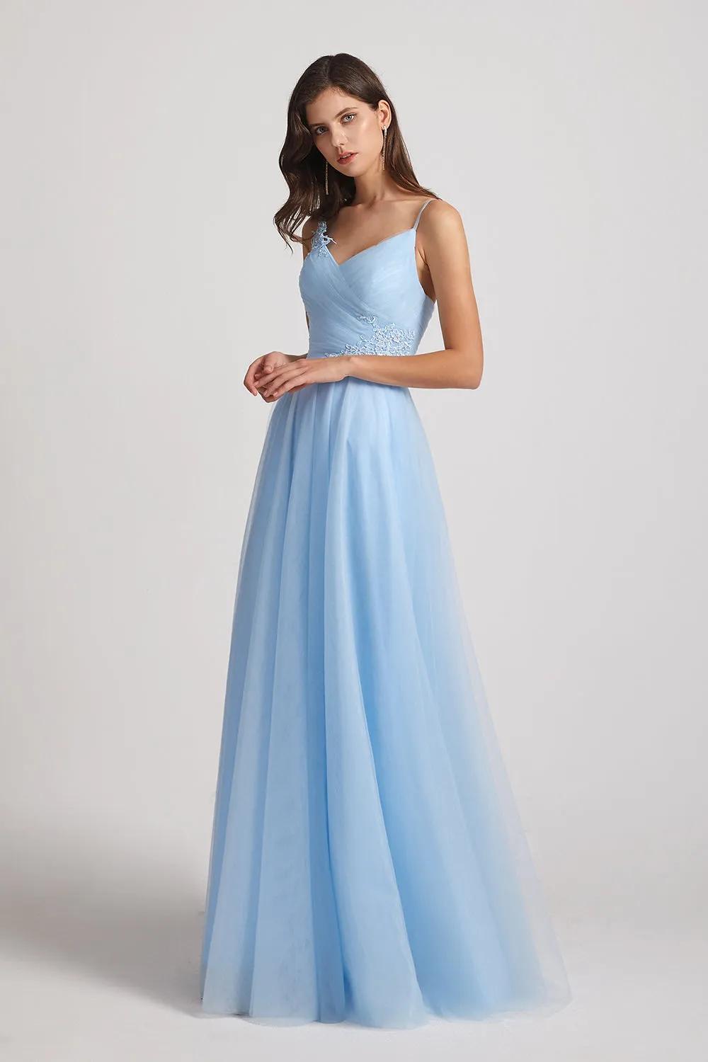 Spaghetti Straps V-Neck Pleated Long Tulle Bridesmaid Dresses (AF0107)