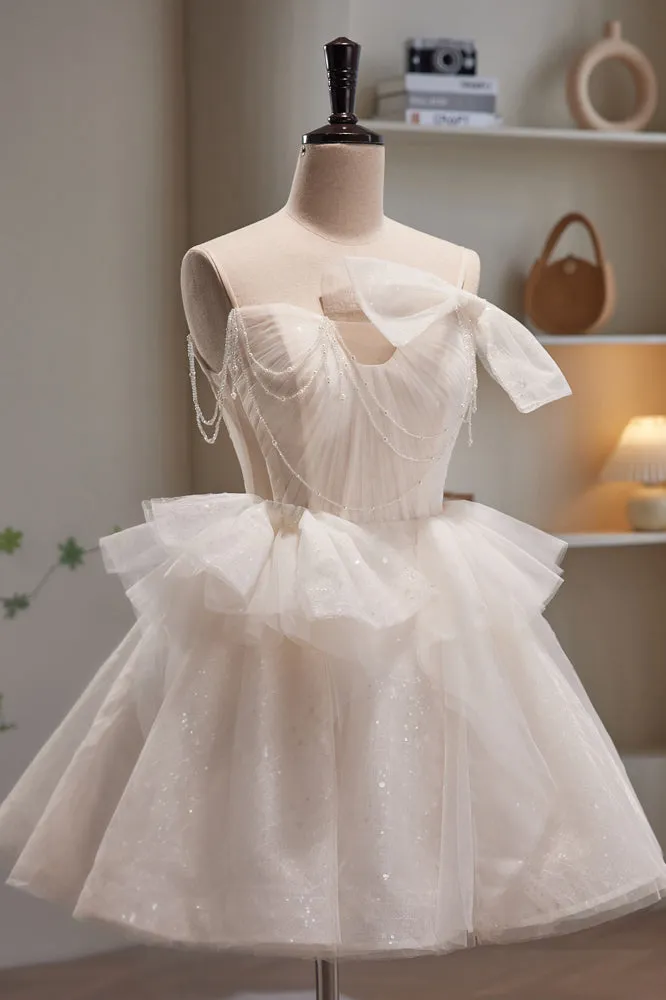 Stunning Ivory Spaghetti Straps Beading Tulle Short Homecoming Dresses