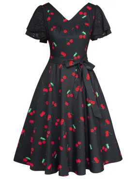 Summer Short Puff Sleeve Cherry Patterns Cocktail Dress Vintage V-Neck A Line Swing Dresses with Belts