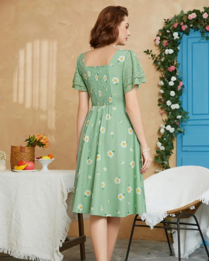 Summer Short Puff Sleeve Cherry Patterns Cocktail Dress Vintage V-Neck A Line Swing Dresses with Belts