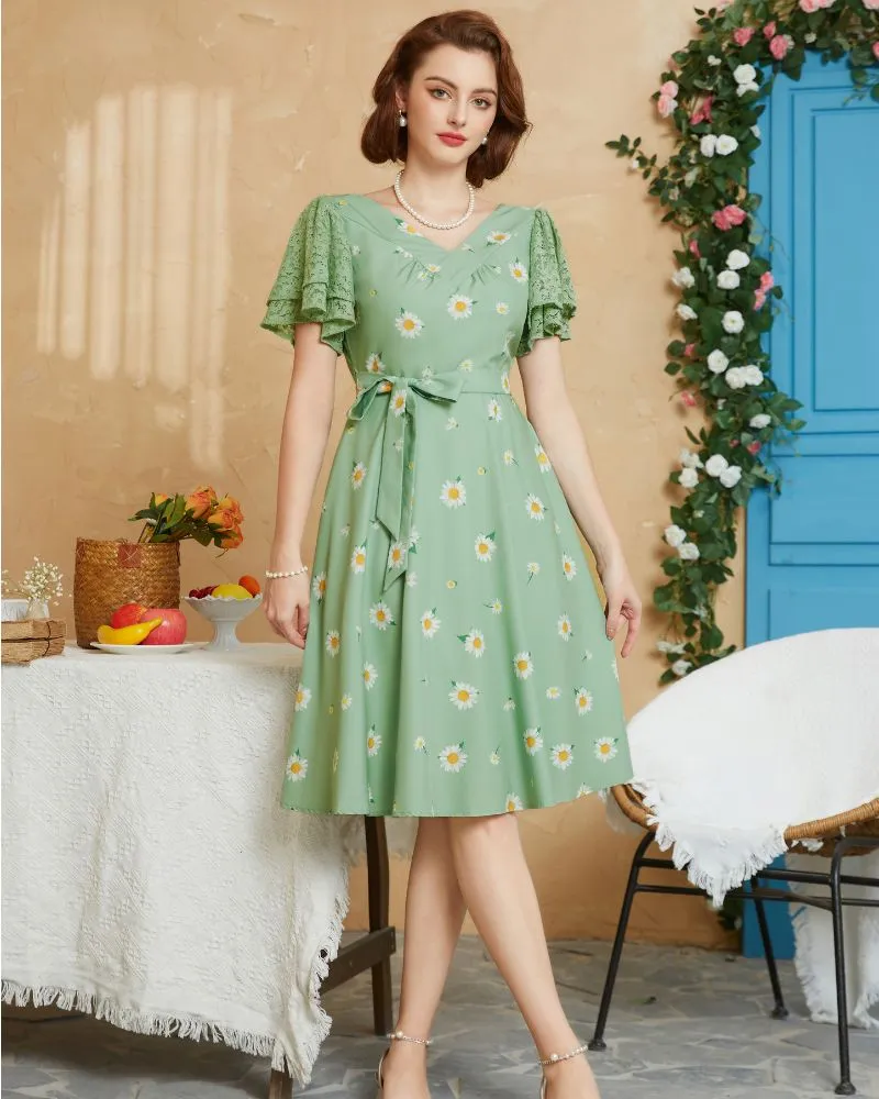 Summer Short Puff Sleeve Cherry Patterns Cocktail Dress Vintage V-Neck A Line Swing Dresses with Belts