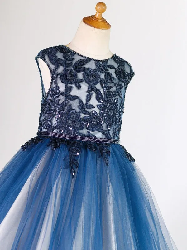 Tulle Sleeveless Floor Length Princess Silhouette Lace Kids Social Party Dresses