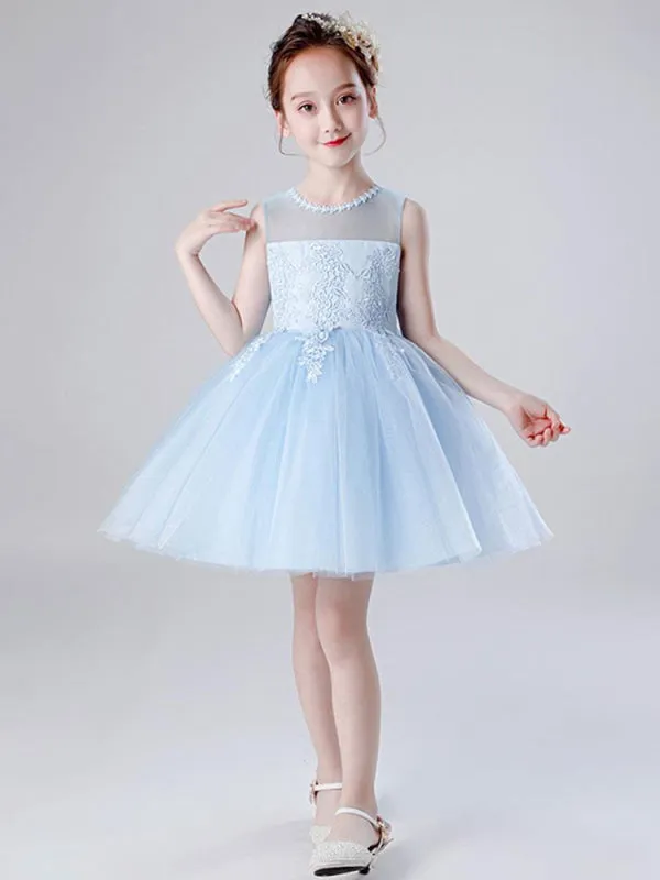 Tulle Sleeveless Knee Length Princess Silhouette Embroidered Kids Social Party Dresses