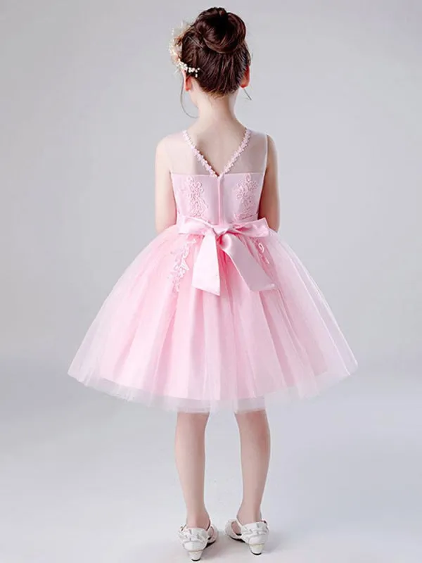 Tulle Sleeveless Knee Length Princess Silhouette Embroidered Kids Social Party Dresses