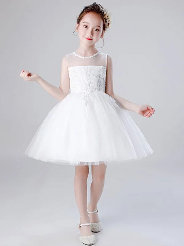 Tulle Sleeveless Knee Length Princess Silhouette Embroidered Kids Social Party Dresses