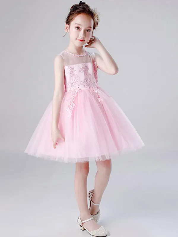 Tulle Sleeveless Knee Length Princess Silhouette Embroidered Kids Social Party Dresses