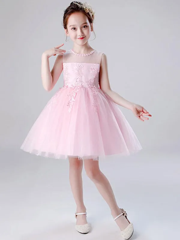 Tulle Sleeveless Knee Length Princess Silhouette Embroidered Kids Social Party Dresses