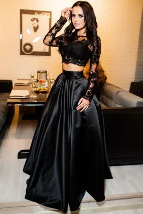 Two Piece Scoop A-Line Bateau Long Sleeves Black Floor Length Prom Dresses with Lace