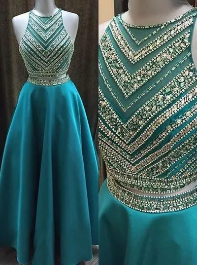 Two Pieces Beaded Crew Neck Prom Dress-Zipper-up Satin Long Prom Dresses