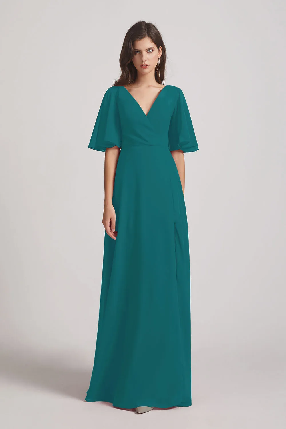 V-Neck Chiffon Side Slit Bridesmaid Dresses With Flutter Half Sleeves (AF0056)