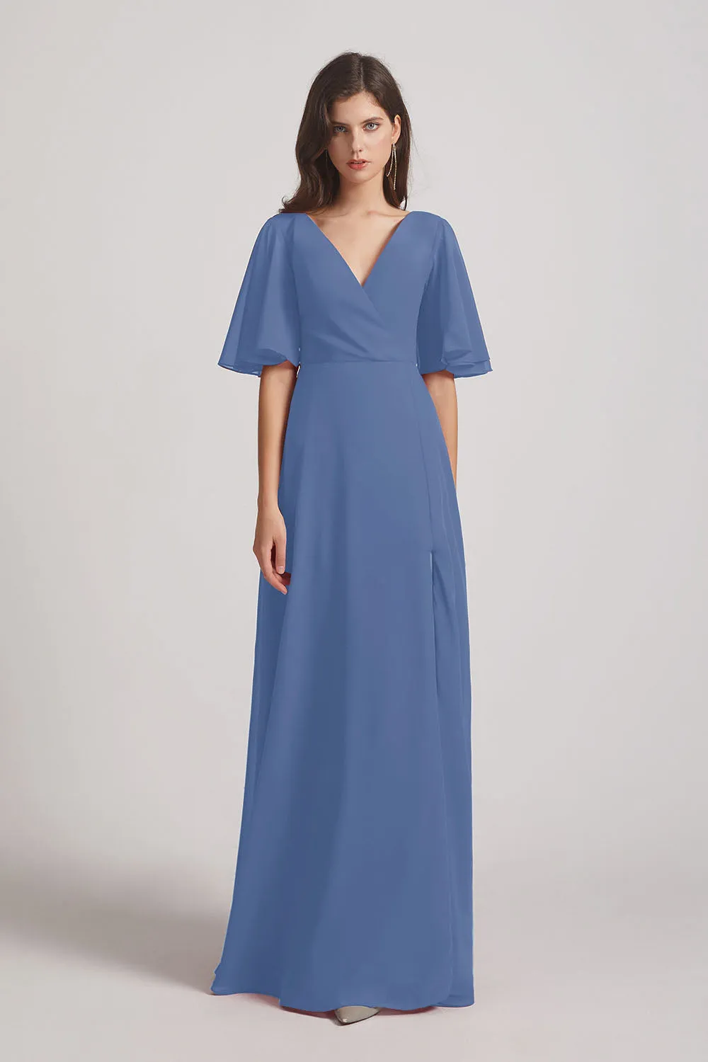 V-Neck Chiffon Side Slit Bridesmaid Dresses With Flutter Half Sleeves (AF0056)