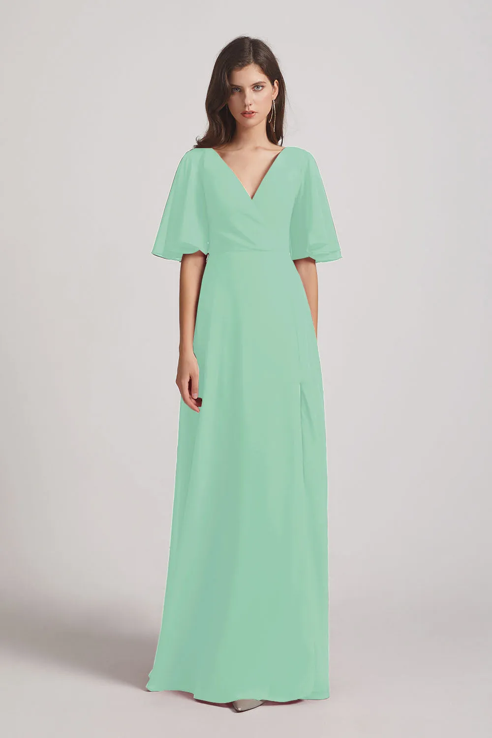 V-Neck Chiffon Side Slit Bridesmaid Dresses With Flutter Half Sleeves (AF0056)