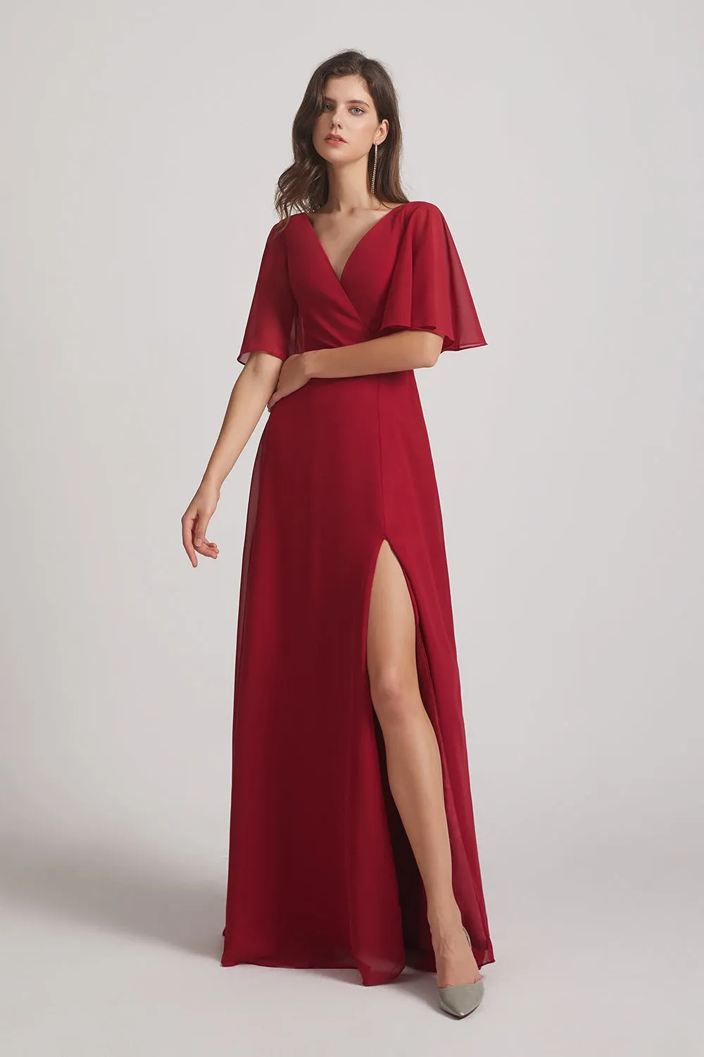 V-Neck Chiffon Side Slit Bridesmaid Dresses With Flutter Half Sleeves (AF0056)