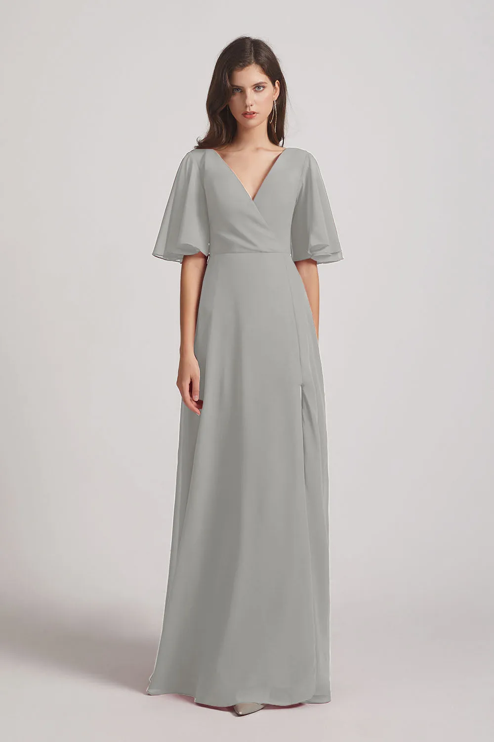 V-Neck Chiffon Side Slit Bridesmaid Dresses With Flutter Half Sleeves (AF0056)