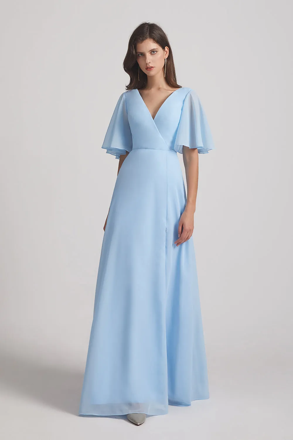 V-Neck Chiffon Side Slit Bridesmaid Dresses With Flutter Half Sleeves (AF0056)