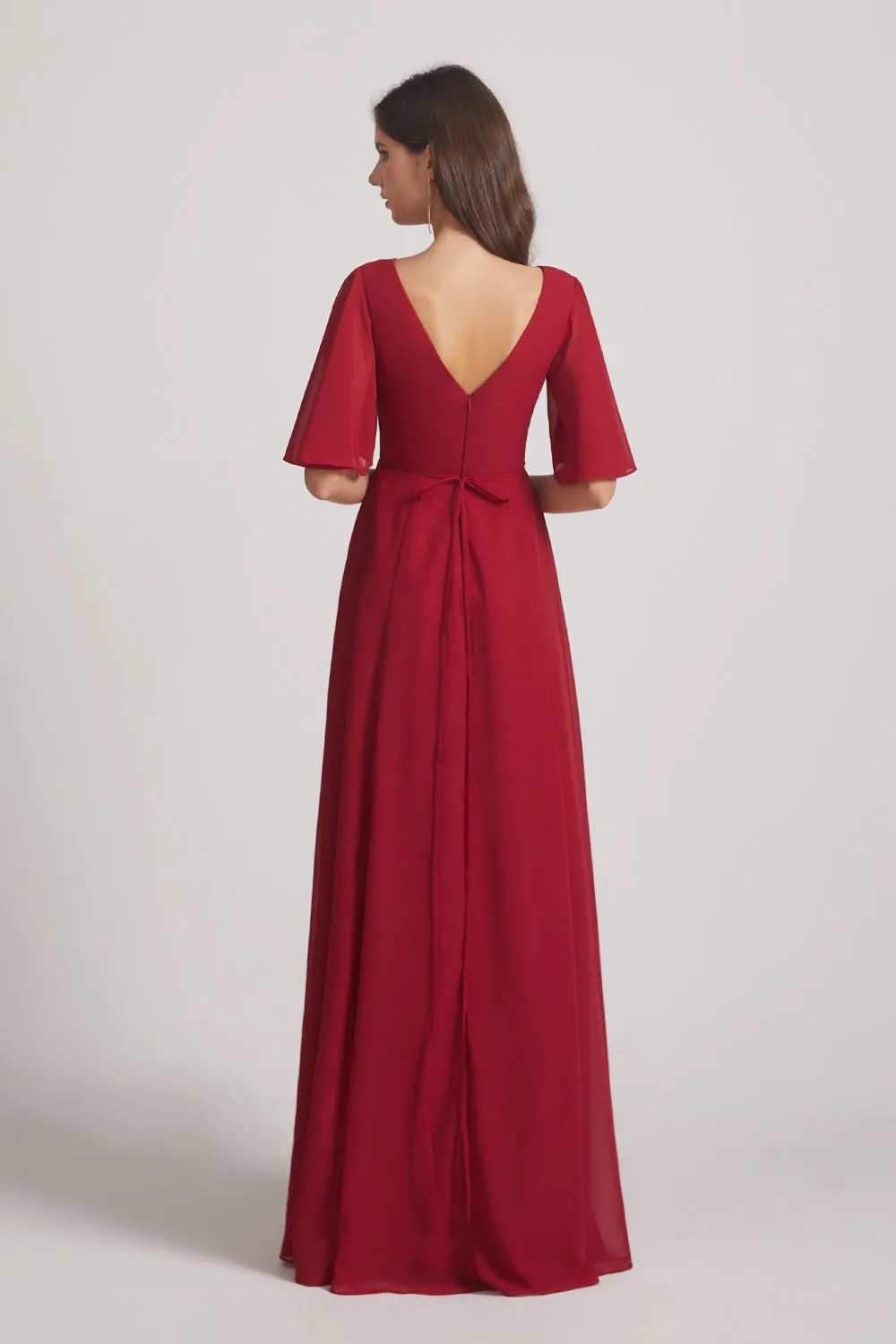 V-Neck Chiffon Side Slit Bridesmaid Dresses With Flutter Half Sleeves (AF0056)