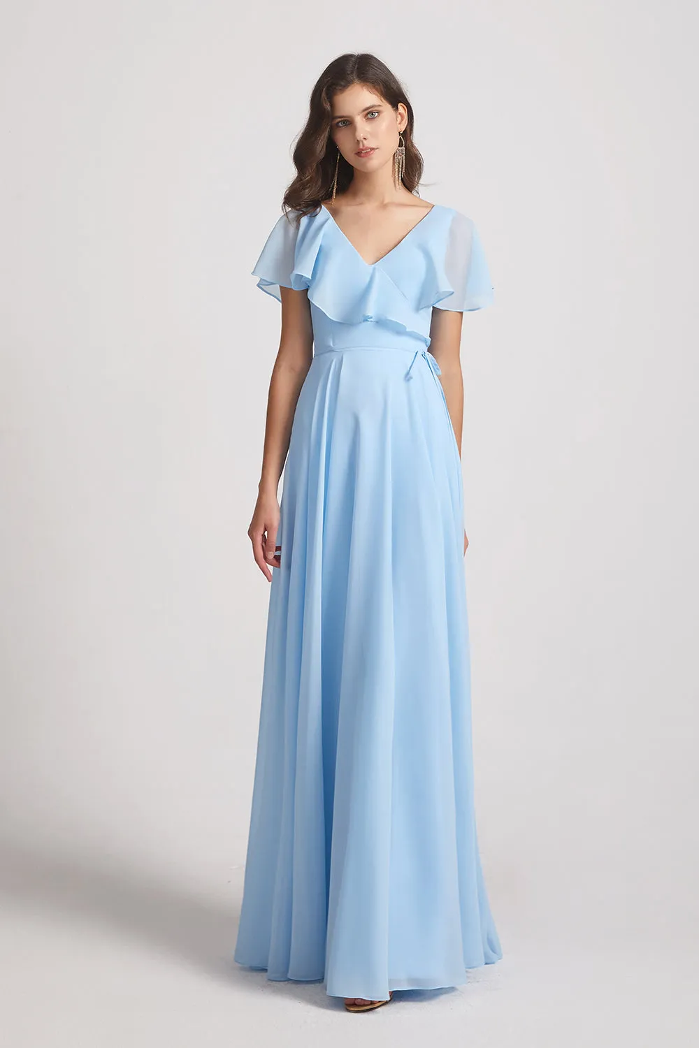 V-Neck Flutter Sleeve Long Chiffon Ruffles Bridesmaid Dresses (AF0169)