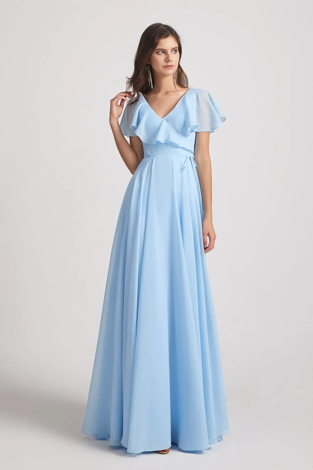 V-Neck Flutter Sleeve Long Chiffon Ruffles Bridesmaid Dresses (AF0169)