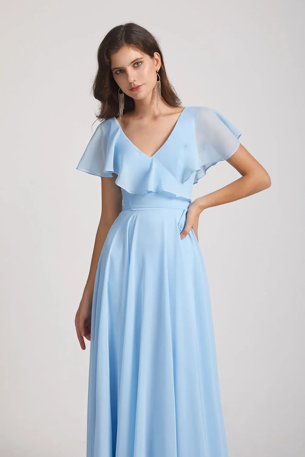 V-Neck Flutter Sleeve Long Chiffon Ruffles Bridesmaid Dresses (AF0169)