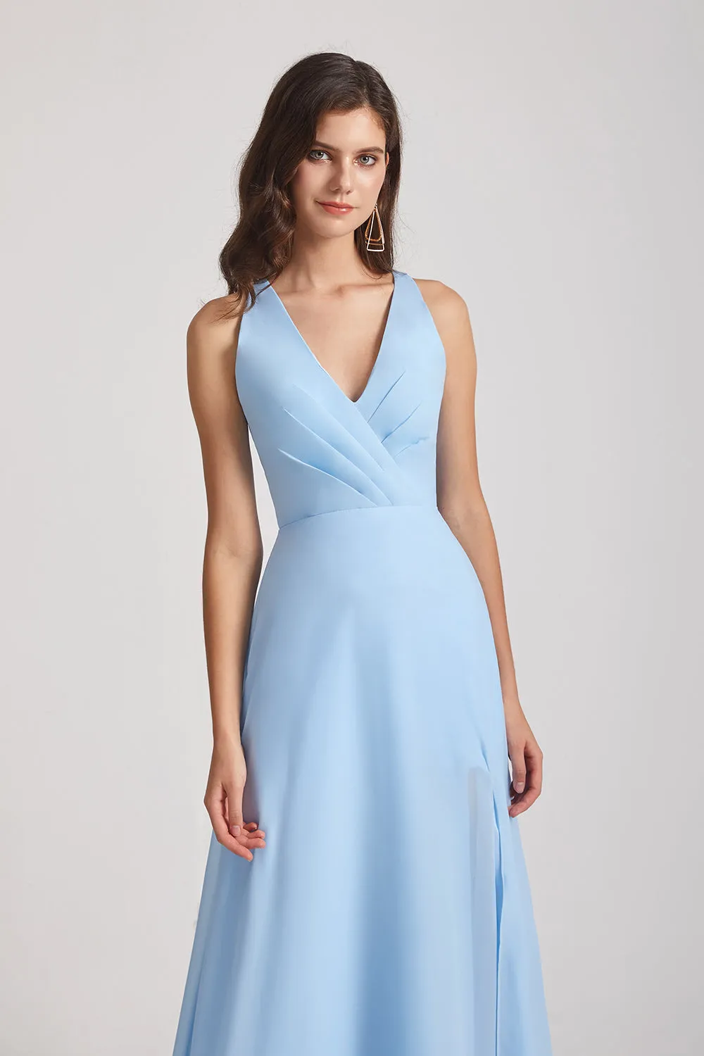 V-Neck Pleated Chiffon A-Line Blue Split Long Bridesmaid Dresses (AF0171)