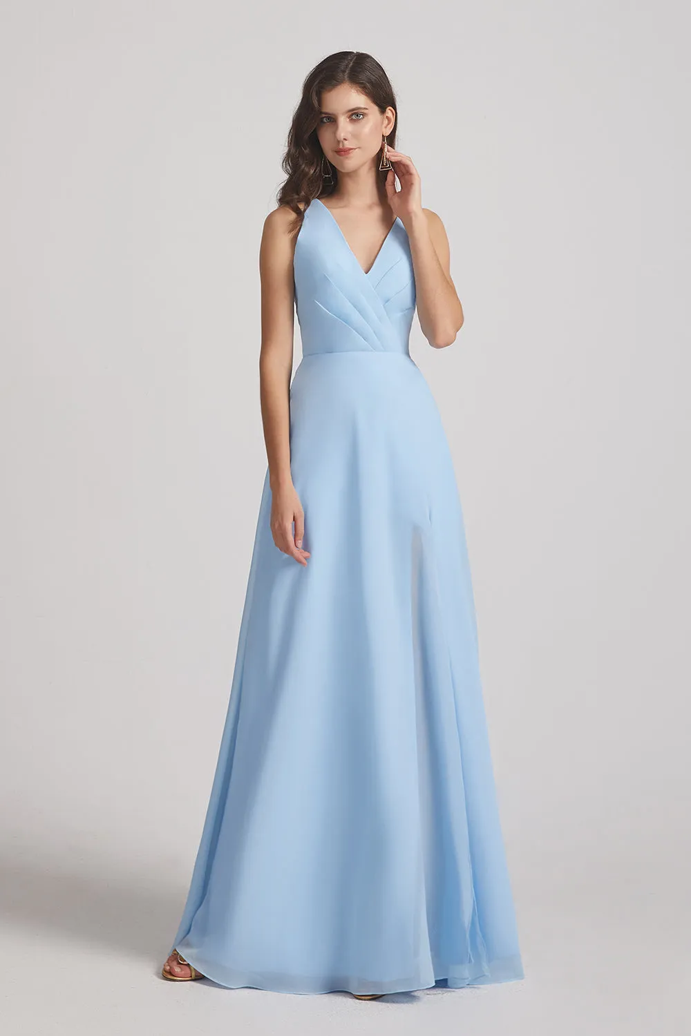 V-Neck Pleated Chiffon A-Line Blue Split Long Bridesmaid Dresses (AF0171)