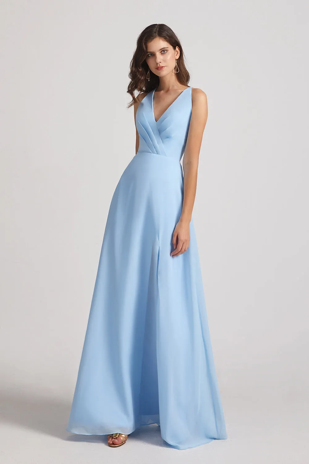 V-Neck Pleated Chiffon A-Line Blue Split Long Bridesmaid Dresses (AF0171)