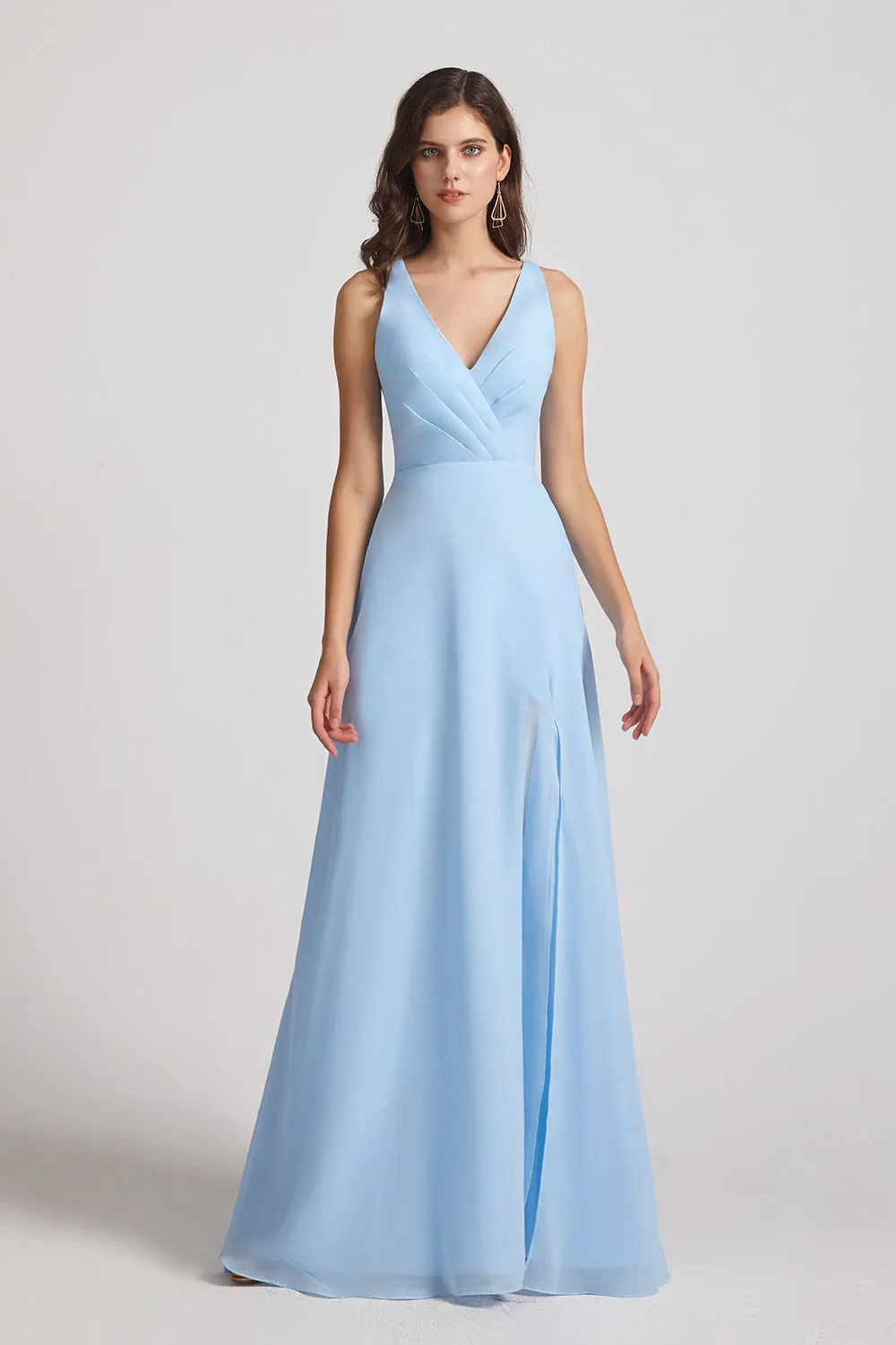 V-Neck Pleated Chiffon A-Line Blue Split Long Bridesmaid Dresses (AF0171)