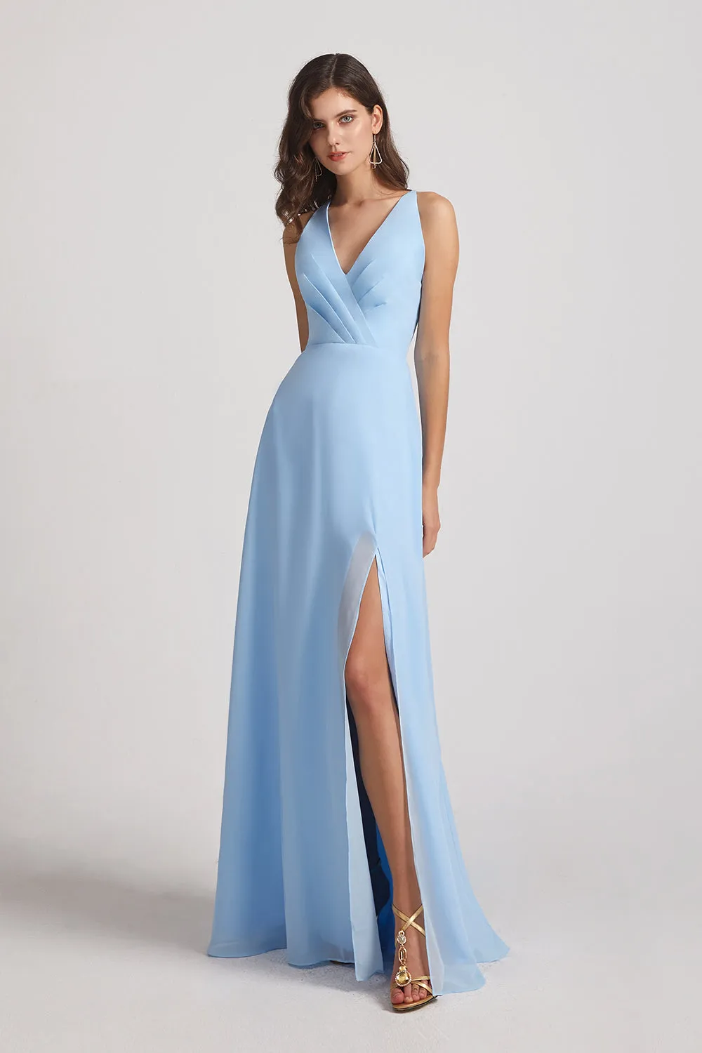 V-Neck Pleated Chiffon A-Line Blue Split Long Bridesmaid Dresses (AF0171)