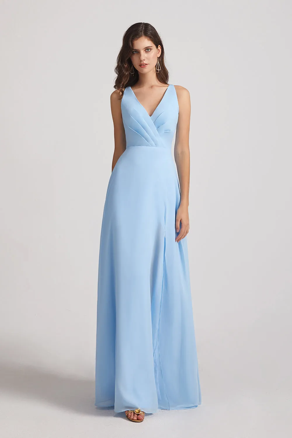 V-Neck Pleated Chiffon A-Line Blue Split Long Bridesmaid Dresses (AF0171)