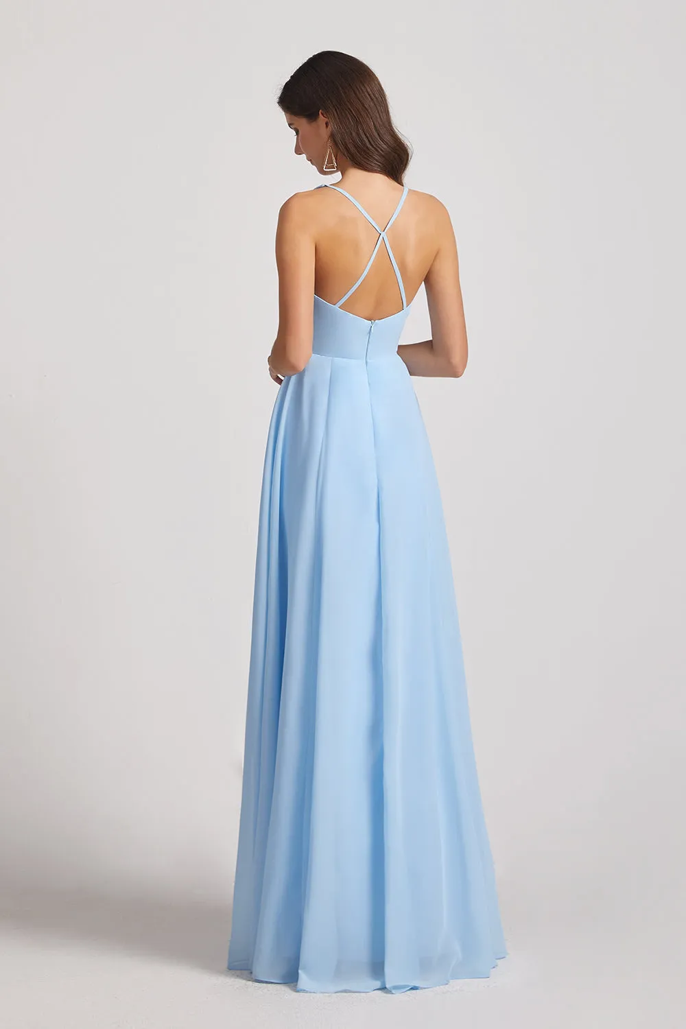 V-Neck Pleated Chiffon A-Line Blue Split Long Bridesmaid Dresses (AF0171)