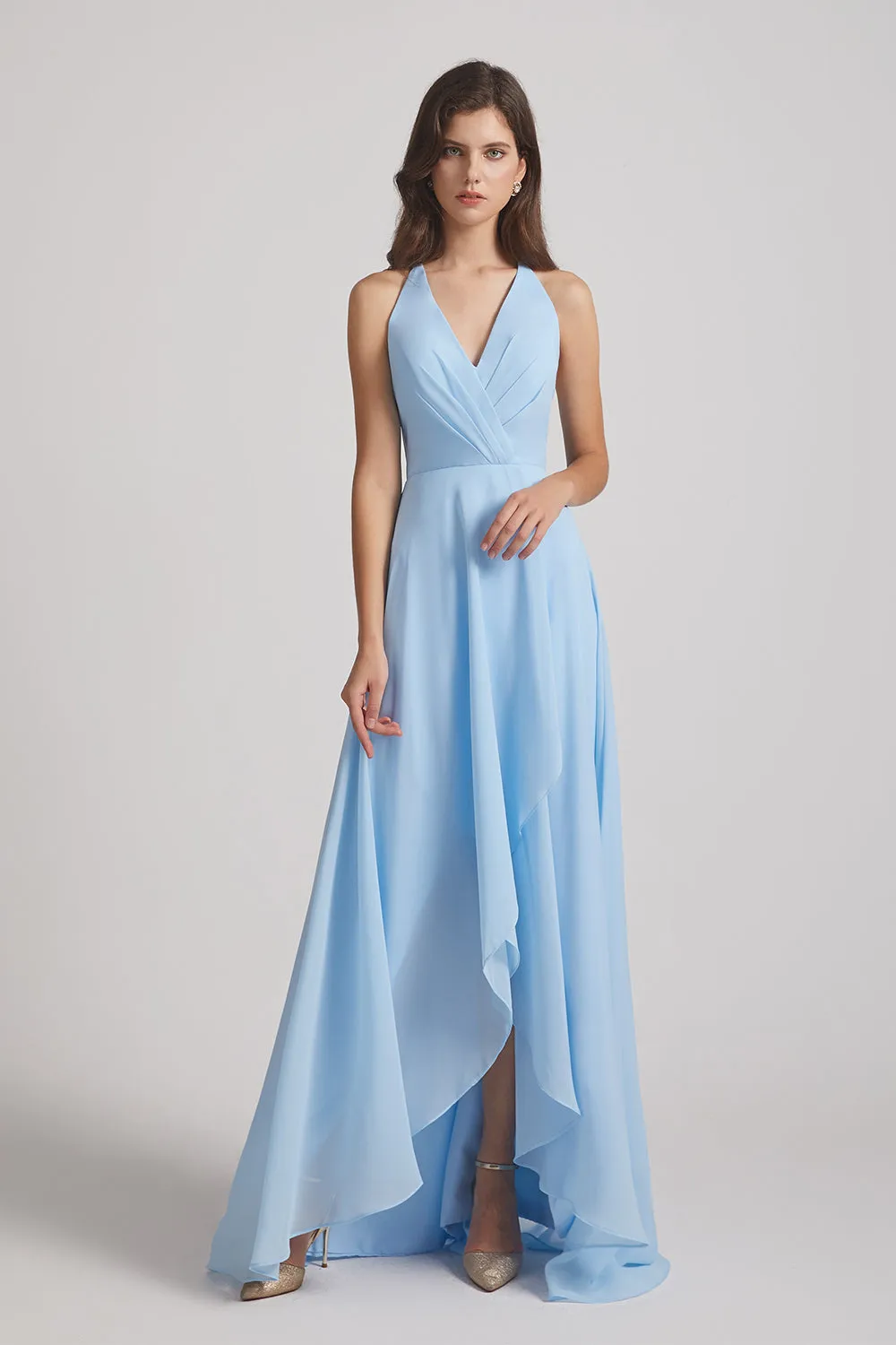 V-Neck Sleeveless Criss-Cross Back Asymmetrical High Low Bridesmaid Dresses (AF0104)