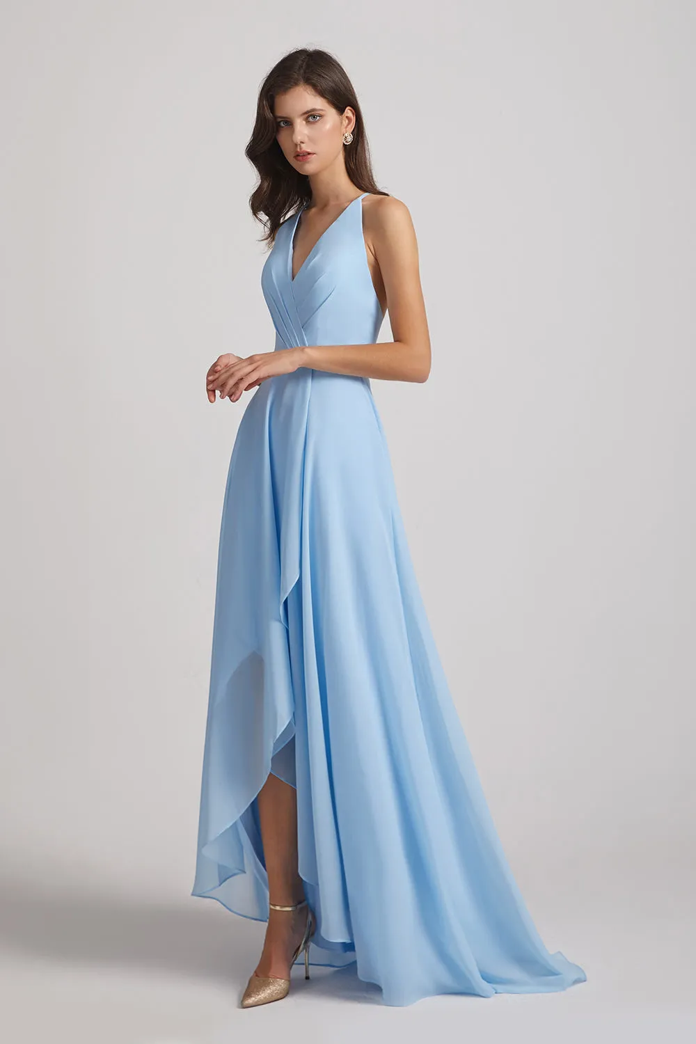 V-Neck Sleeveless Criss-Cross Back Asymmetrical High Low Bridesmaid Dresses (AF0104)