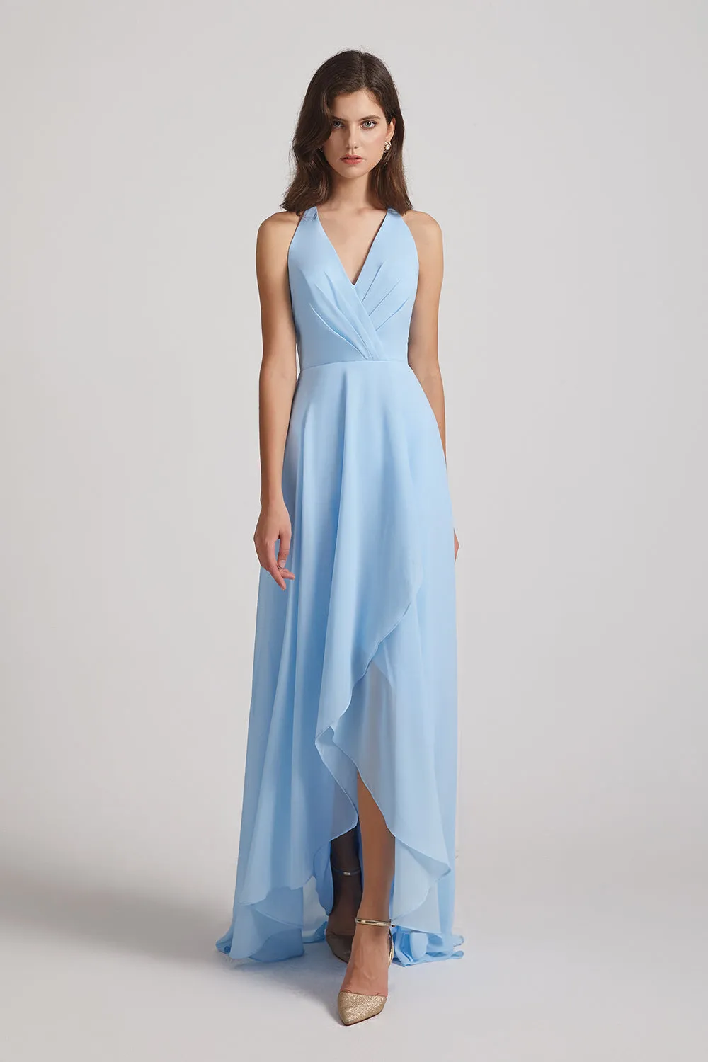 V-Neck Sleeveless Criss-Cross Back Asymmetrical High Low Bridesmaid Dresses (AF0104)