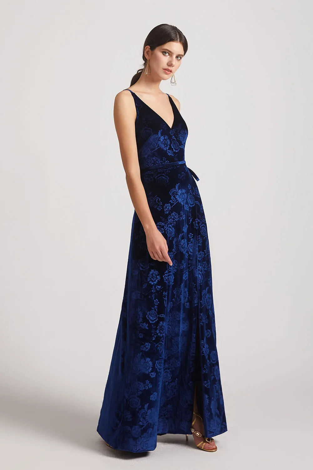 Velvet Floral Pattern Bridesmaid Dresses With V-Neck and Straps (AF0128)