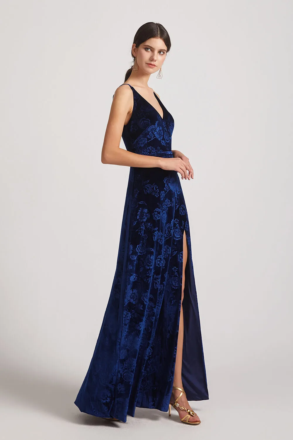 Velvet Floral Pattern Bridesmaid Dresses With V-Neck and Straps (AF0128)