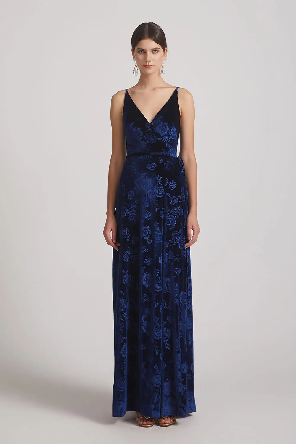 Velvet Floral Pattern Bridesmaid Dresses With V-Neck and Straps (AF0128)