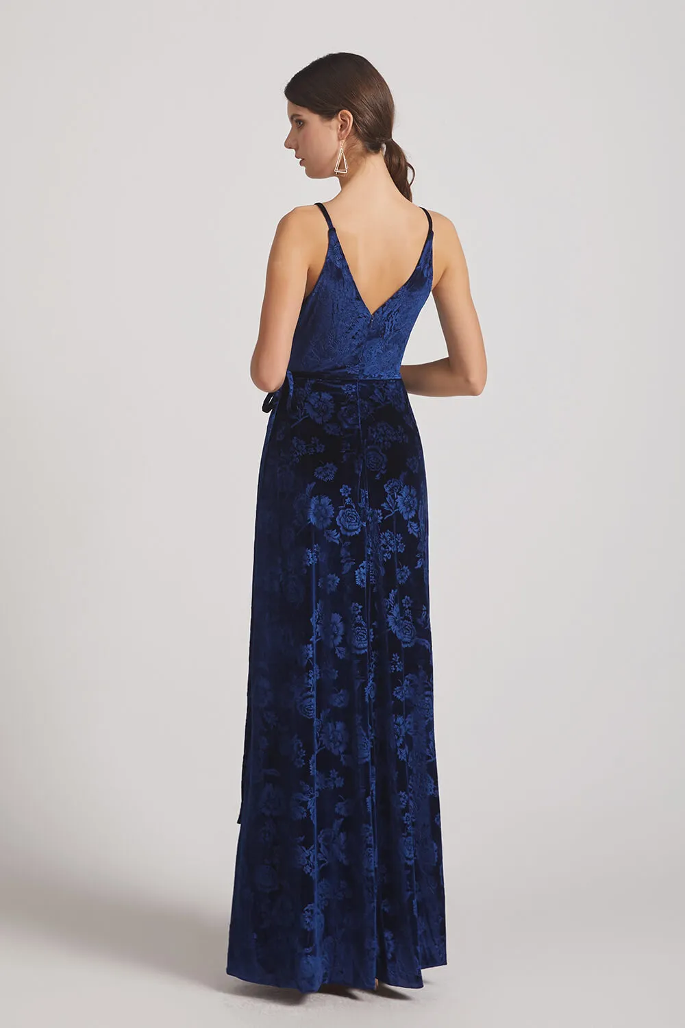 Velvet Floral Pattern Bridesmaid Dresses With V-Neck and Straps (AF0128)