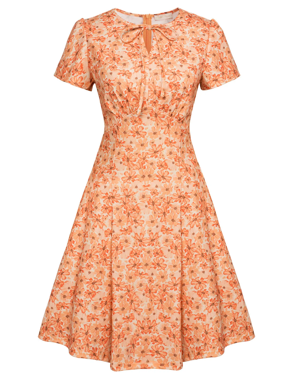 Vintage Cherry Pattern A-Line Swing Dress Keyhole Tie Dress Round Neck Work Dress Tea Dress