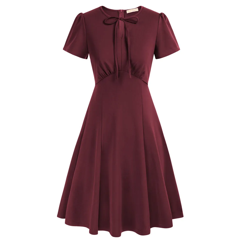 Vintage Cherry Pattern A-Line Swing Dress Keyhole Tie Dress Round Neck Work Dress Tea Dress