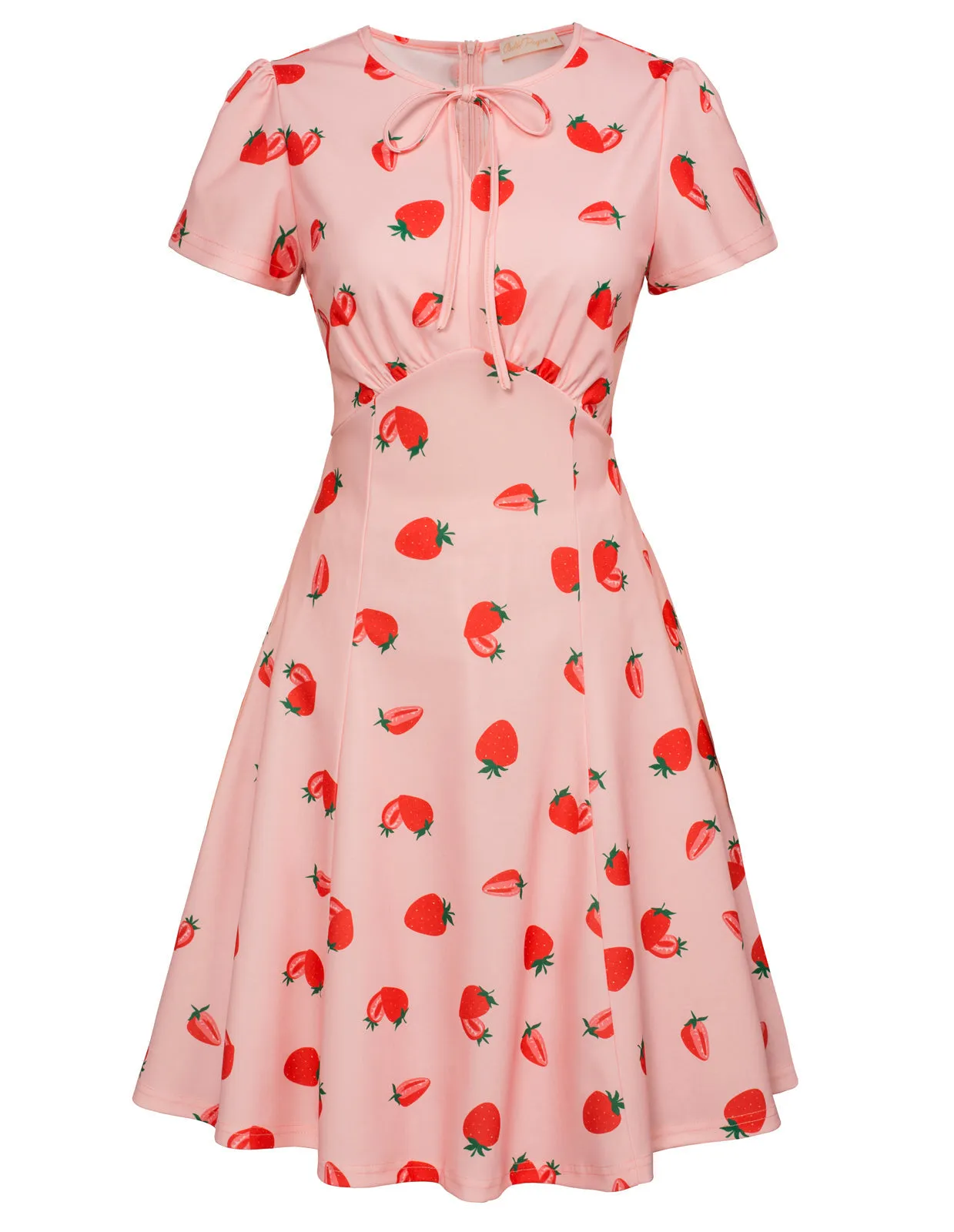 Vintage Cherry Pattern A-Line Swing Dress Keyhole Tie Dress Round Neck Work Dress Tea Dress