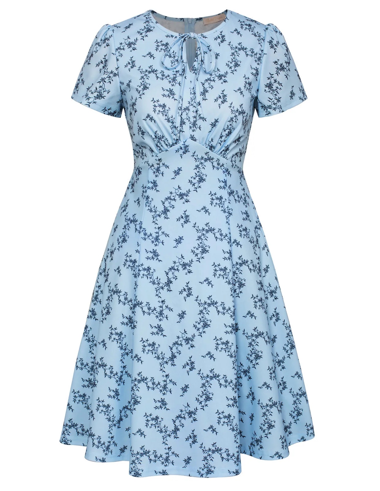 Vintage Cherry Pattern A-Line Swing Dress Keyhole Tie Dress Round Neck Work Dress Tea Dress