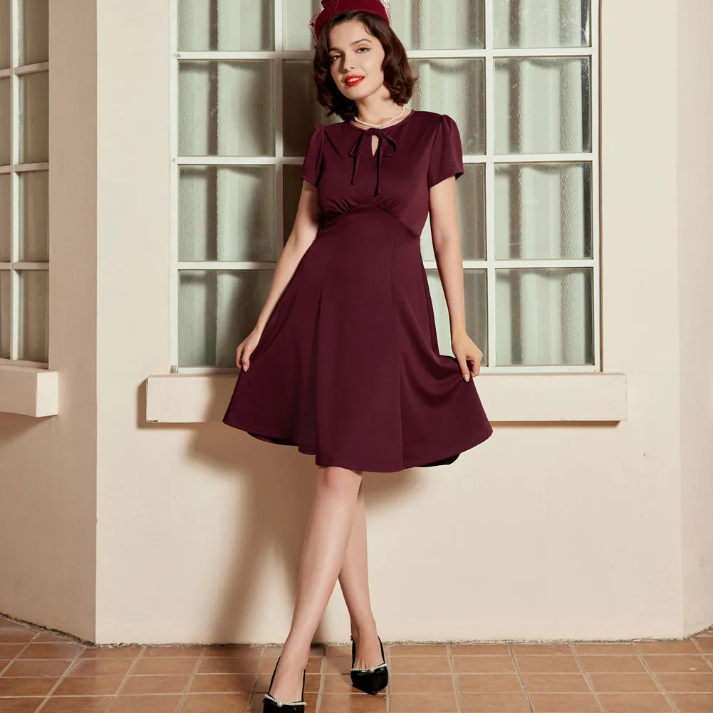 Vintage Cherry Pattern A-Line Swing Dress Keyhole Tie Dress Round Neck Work Dress Tea Dress