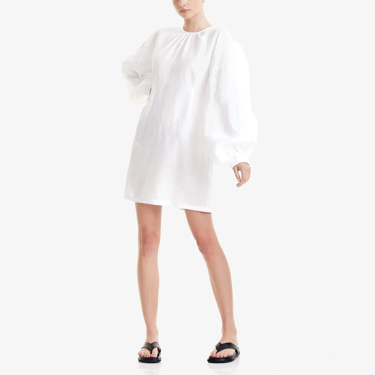 W BALLOON SLEEVE DRESS WHITE LINEN